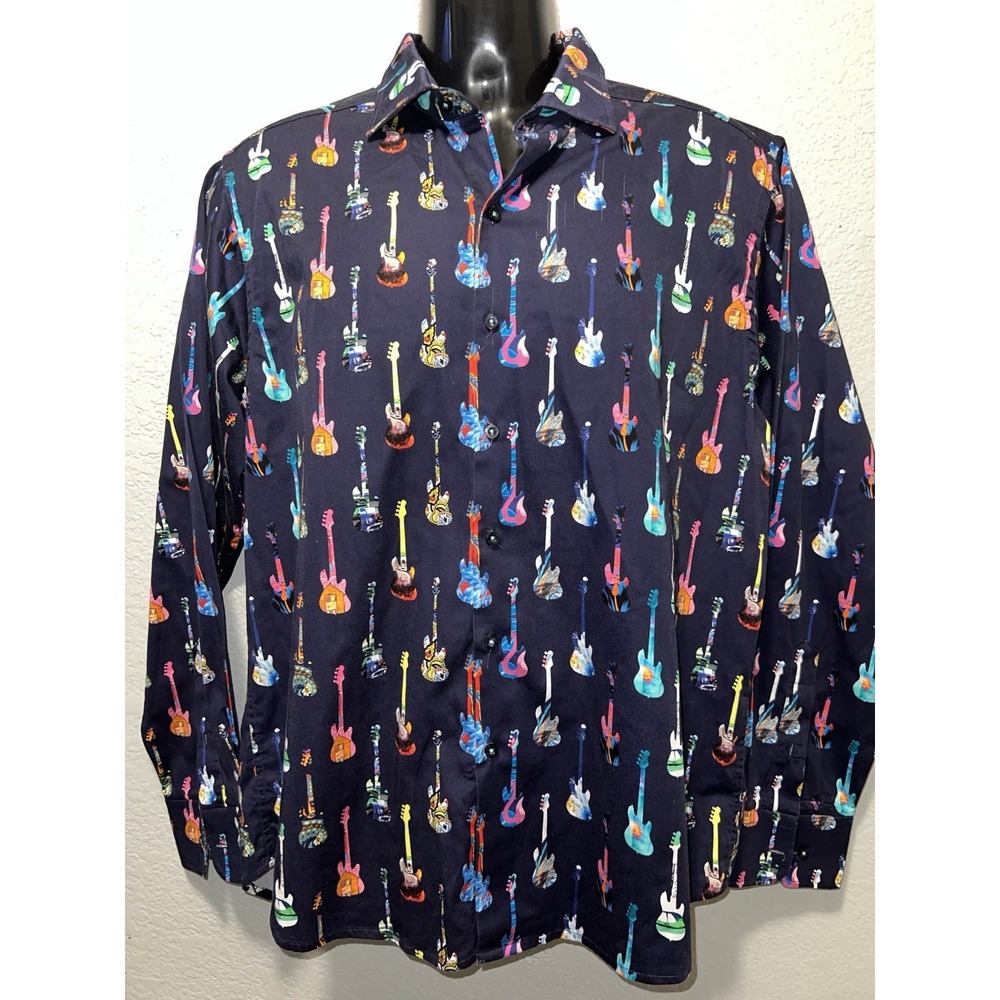 David Smith Men's XL Guitar Print Long Sleeve Blue